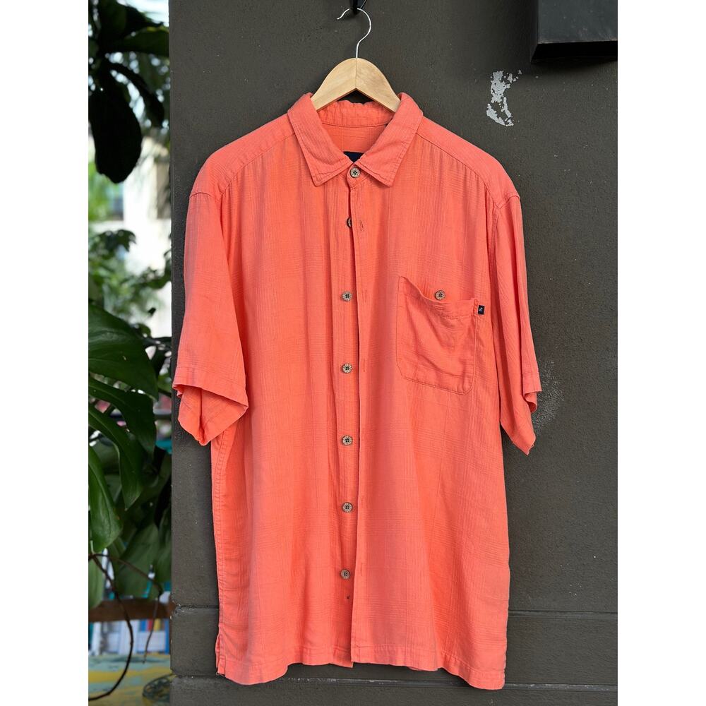 Caribbean Joe Men's Large Linen Rayon Blend Orange Hawaiian Button Up Camp Shirt